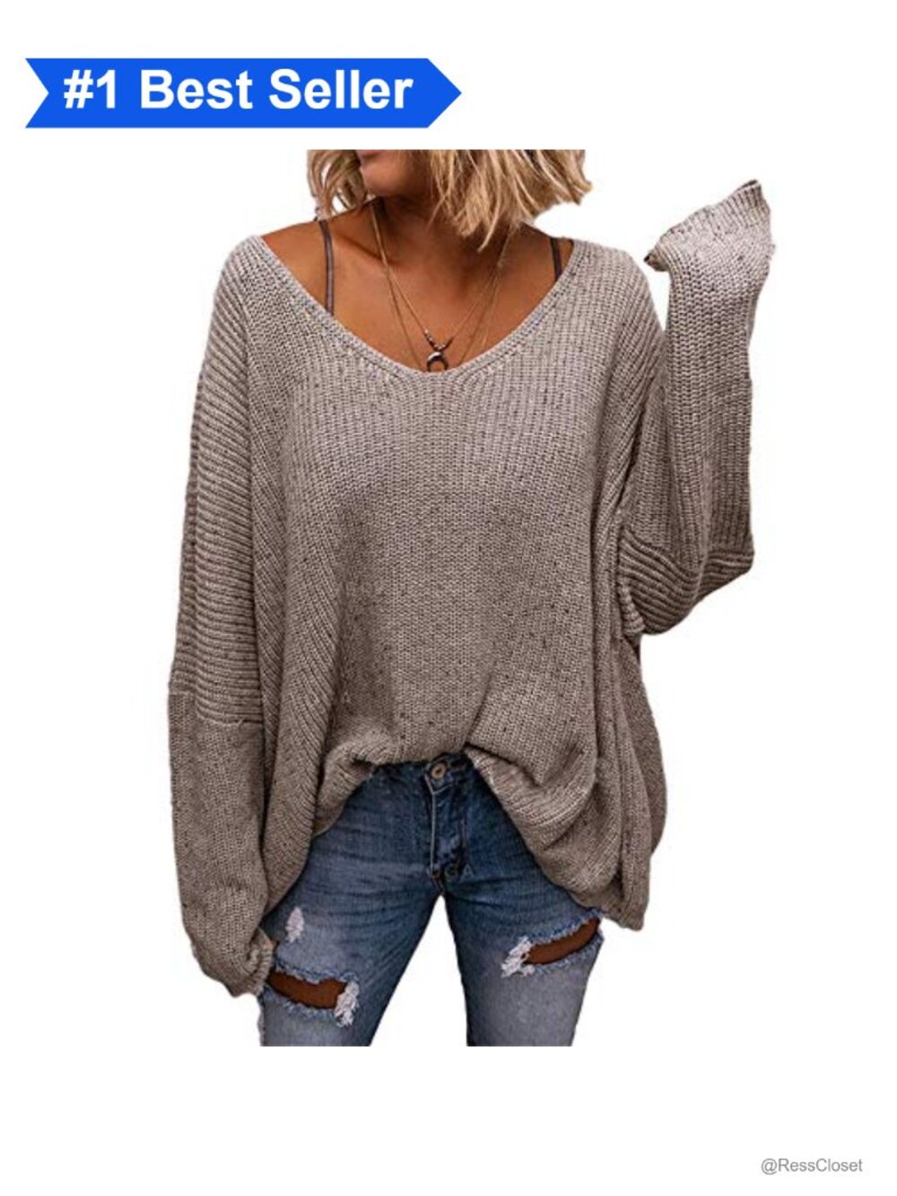 Waffle Knit V-Neck Oversized Pullover Sweater Long Sleeve Loose Top